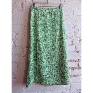 SHEIN Green Floral Midi Skirt Women’s Size Small White Daisy Print Front Slit